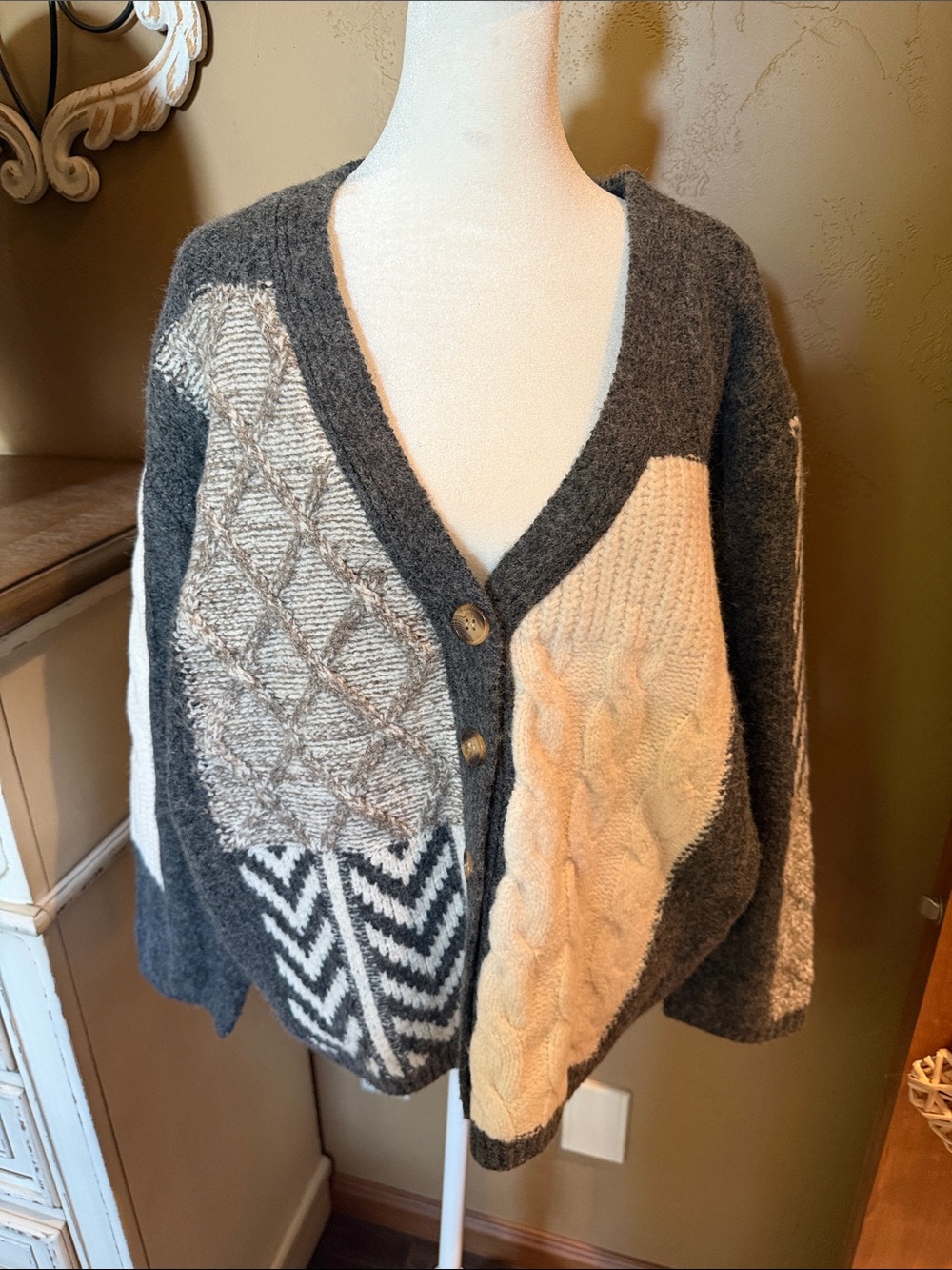 eesome Gray & Cream Patchwork Cable Knit Cardigan